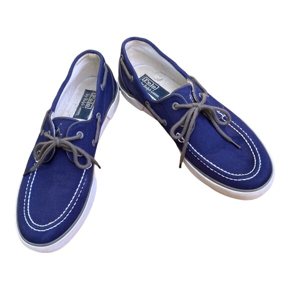 POLO by Ralph Lauren LANDER Men’s 10.5 Boat Shoes Navy Canvas White Trim - Picture 4 of 11